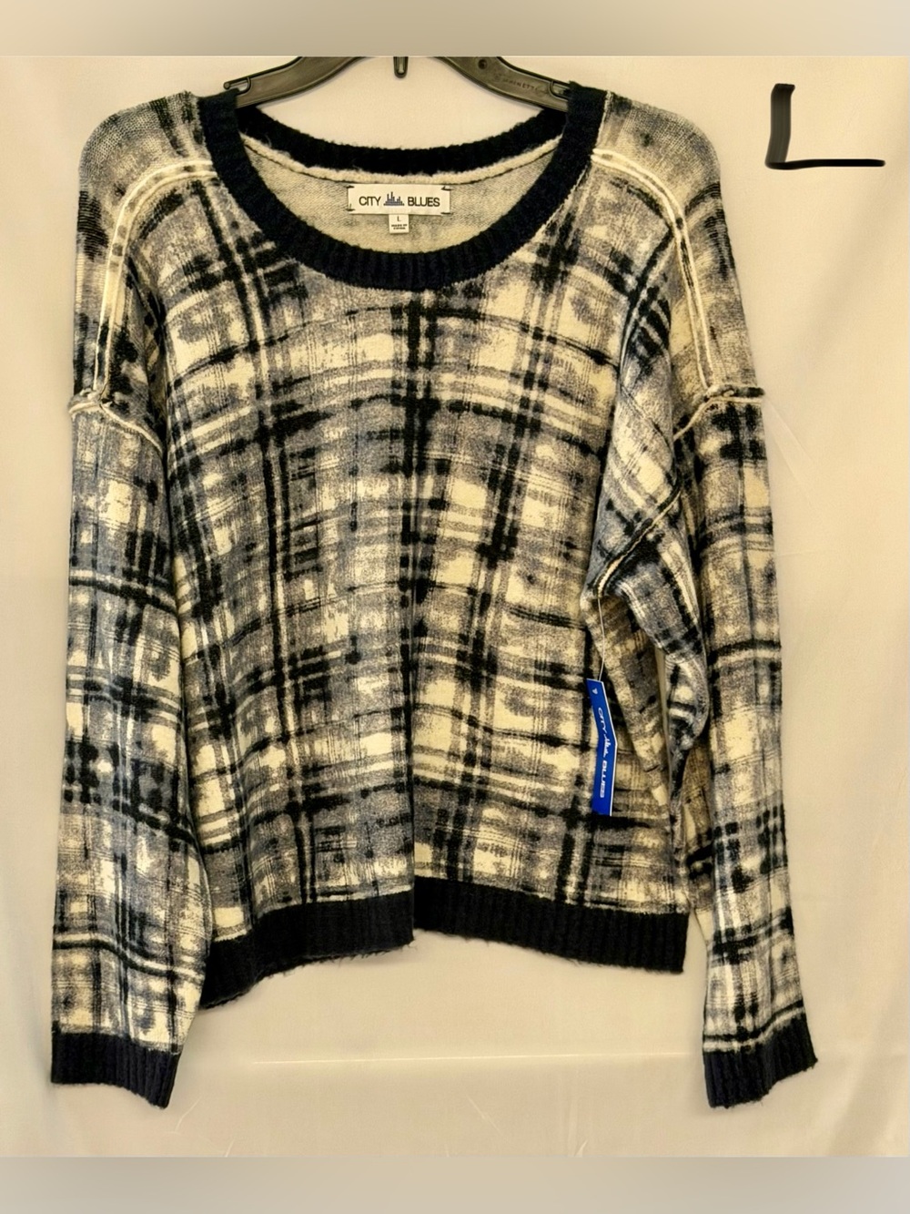 Black & Cream Plaid Scoop-Neck Sweater